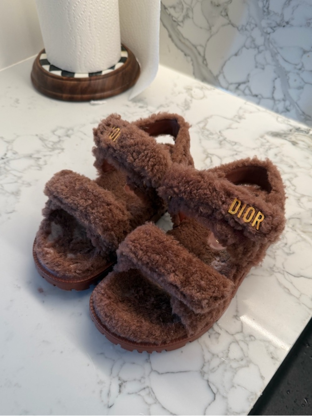 Dior  Brown Fuzzy Sandals